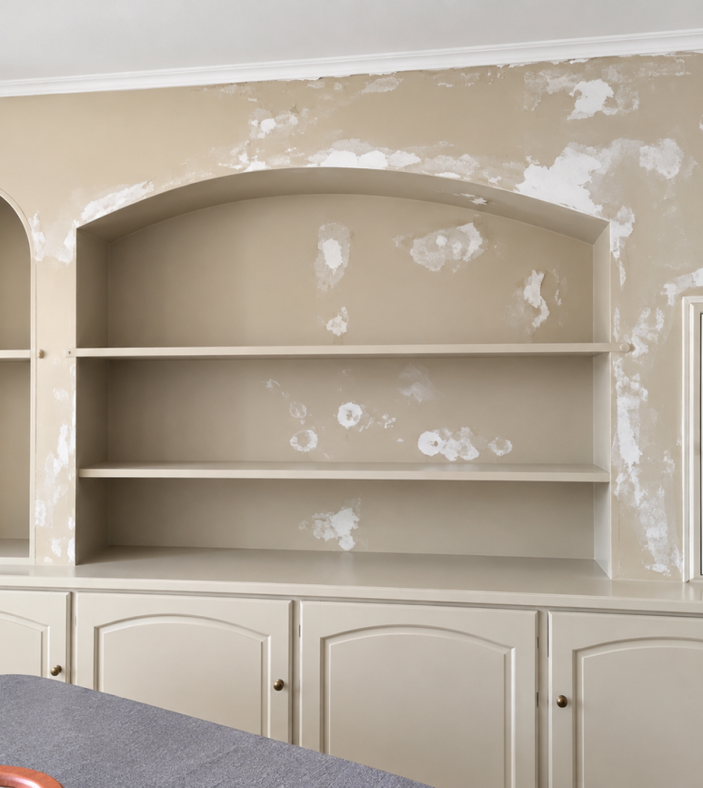 Bibliothèque encastrée aux murs endommagés
